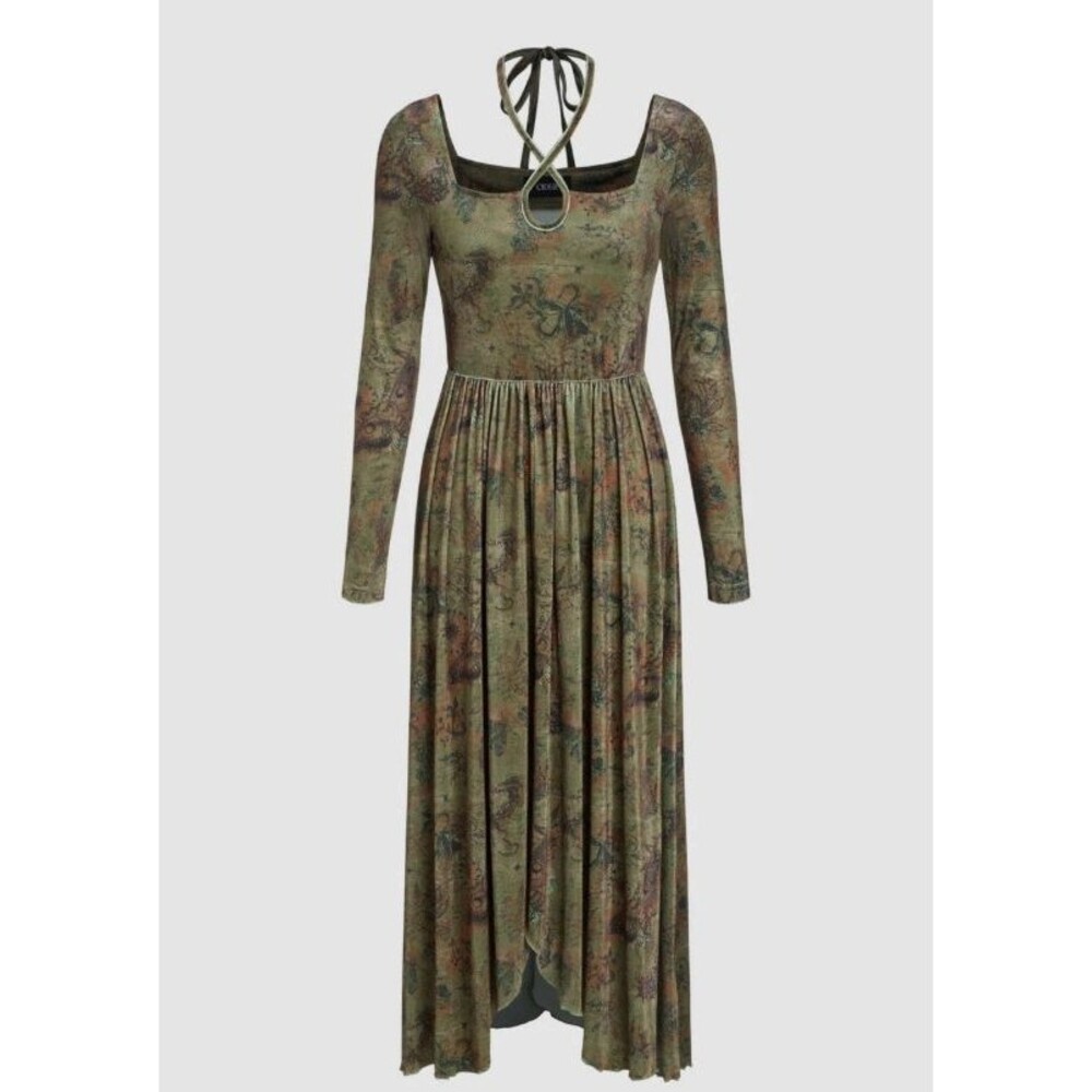 Cider 12 14 Green Velvet Square Neck Floral Drawstring Midi Dress Long Sleeve - Picture 2 of 10